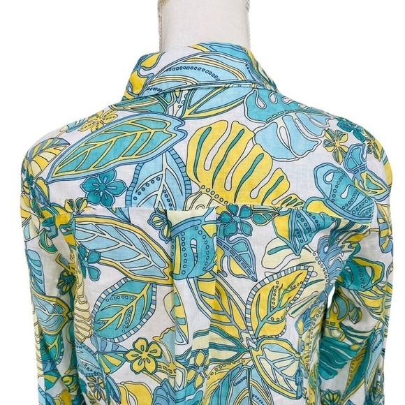 J McLaughlin Women’s Linen Shirt Aqua Yellow Tropical Print Button Down NWT $188 - Picture 9 of 15